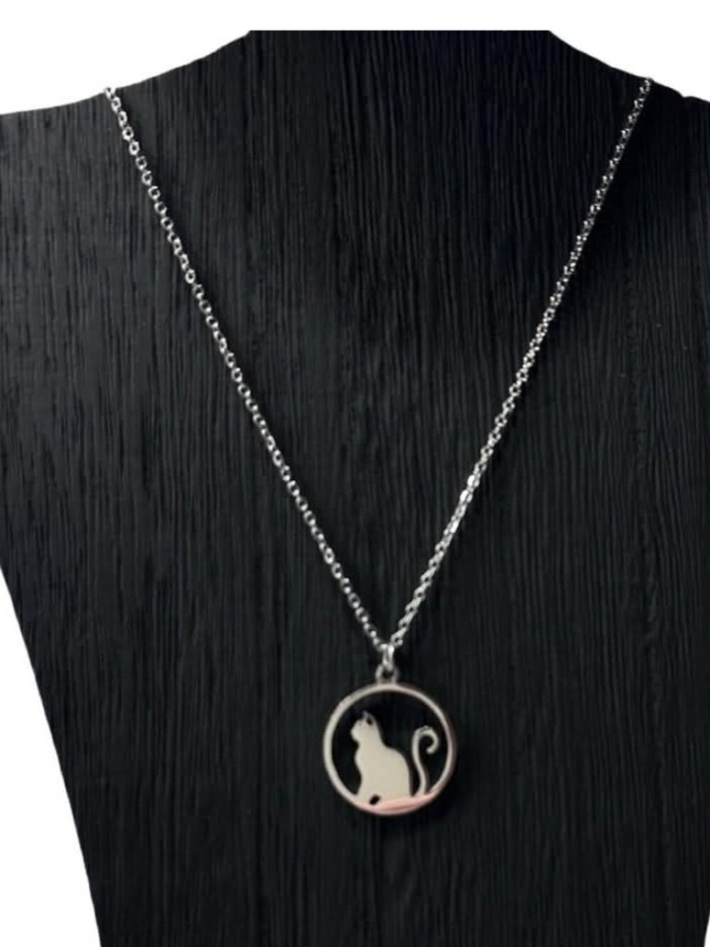 Cat Silhouette Pendant Necklace Silver Tone 18 - 20 Inch Adjustable Chain Gift - Picture 2 of 6